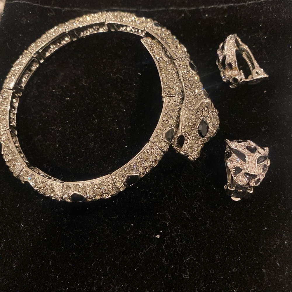 Panther Bracelet and Clip on Earrings Set Sparkles